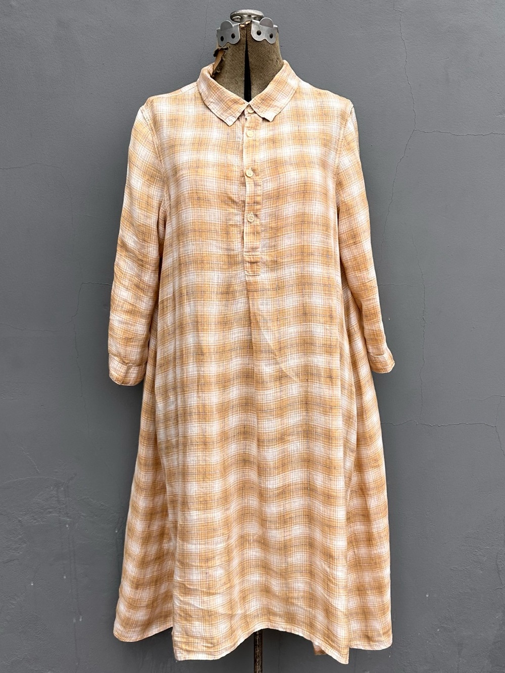 CP Shades Plaid 100% Linen A-Line Midi Dress M Made in USA